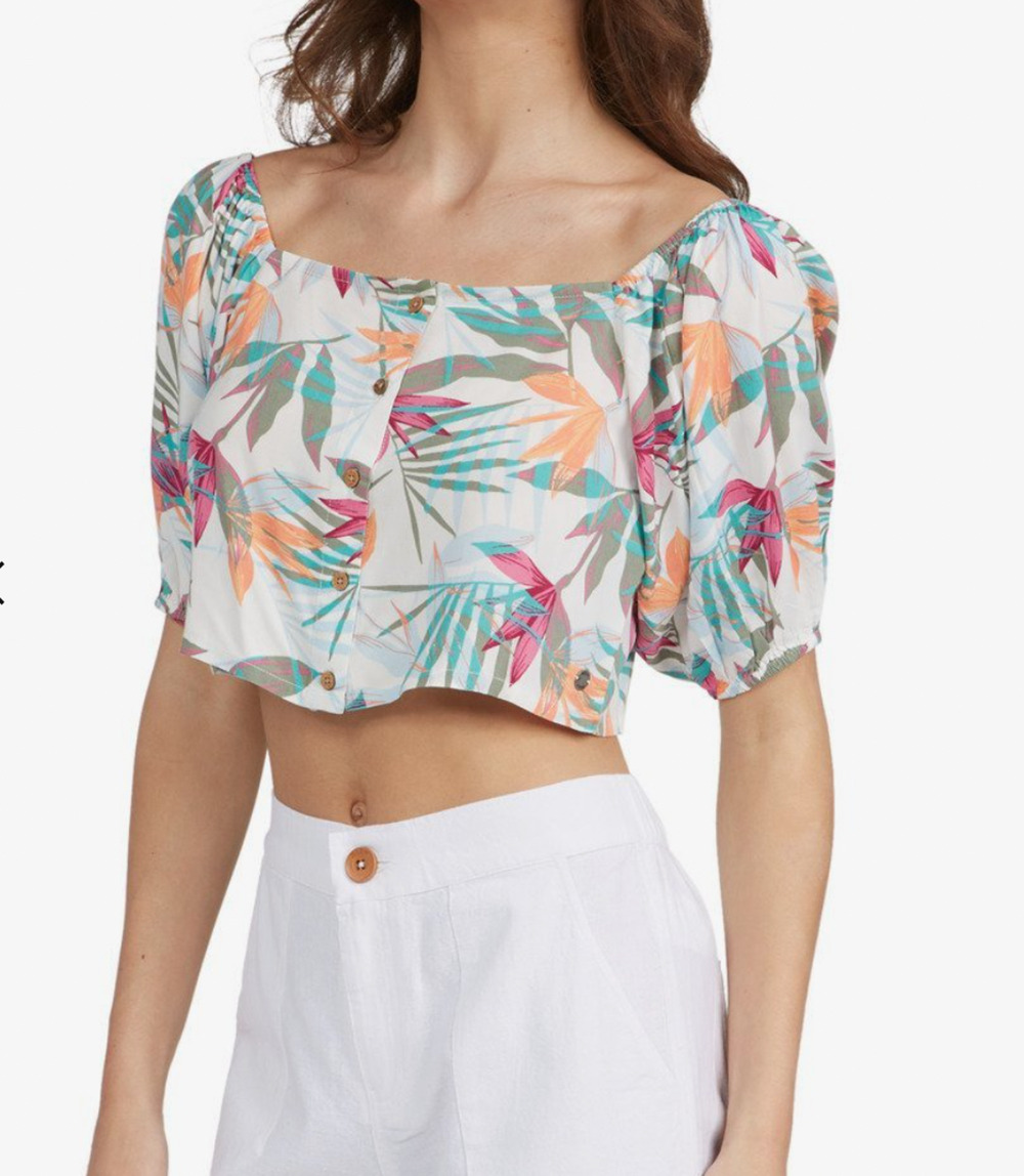 Roxy Pure Sugar Puff Sleeve Crop Top Shirt Size Small Tropical Floral Print